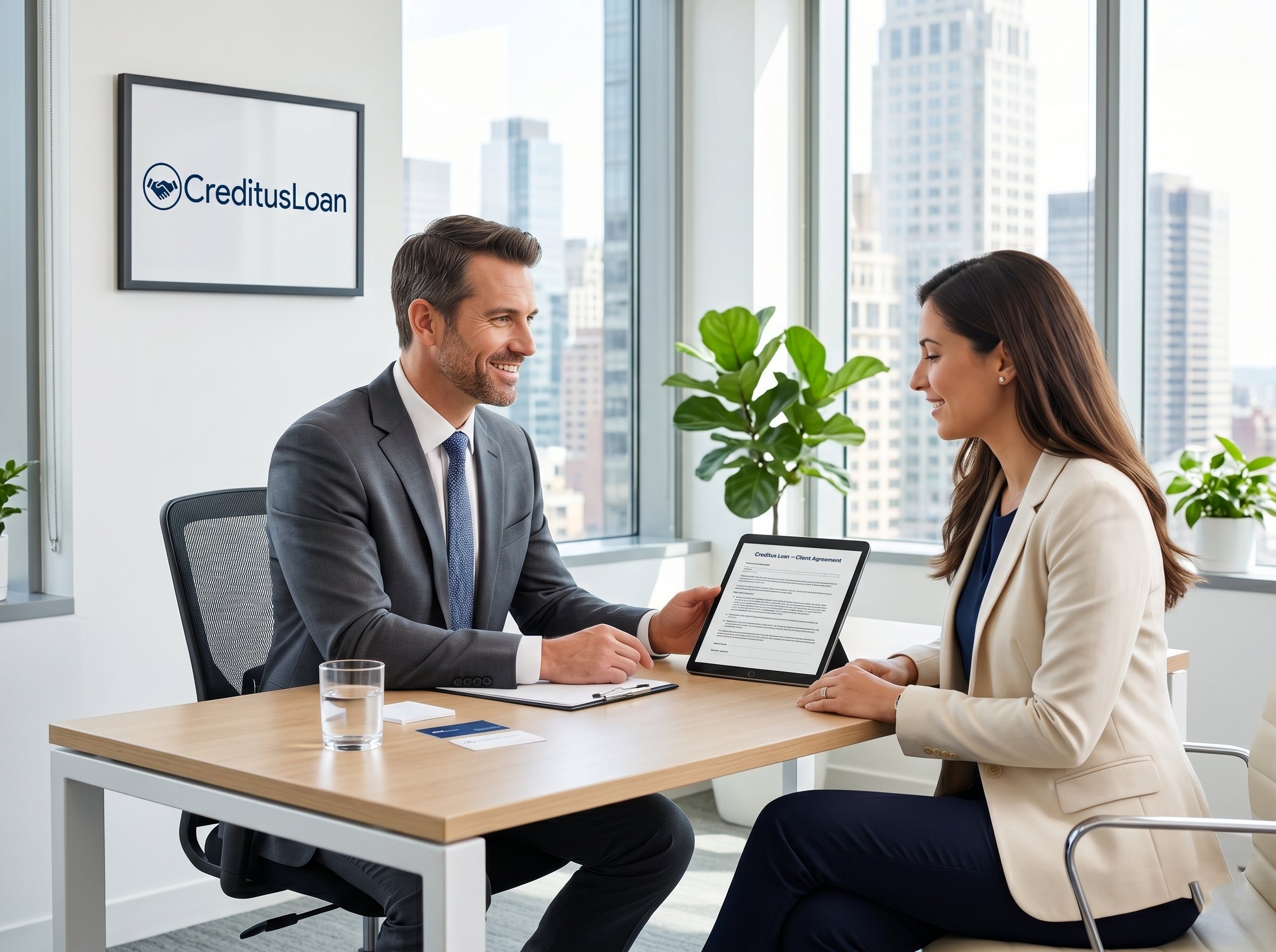 Financial advisor and client reviewing loan options in a professional office setting