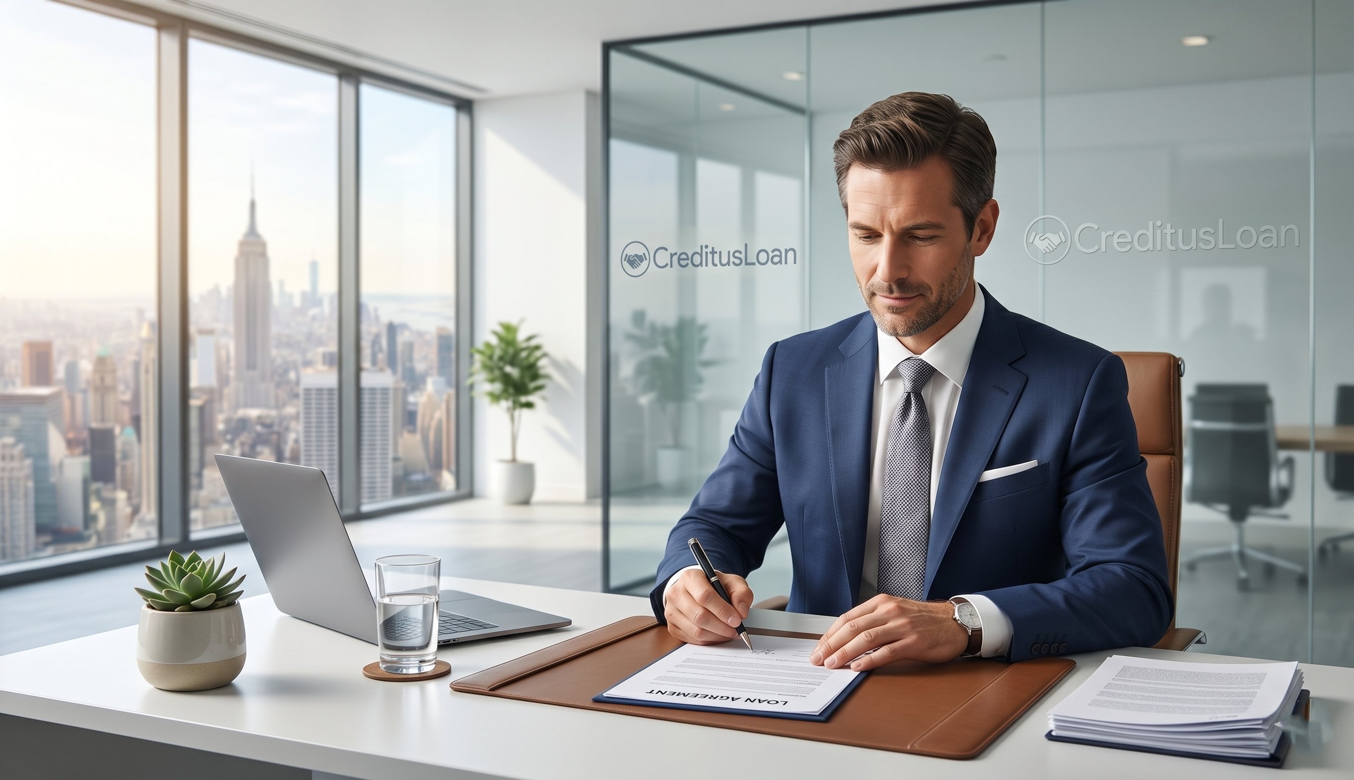 Professional reviewing and signing a loan agreement document