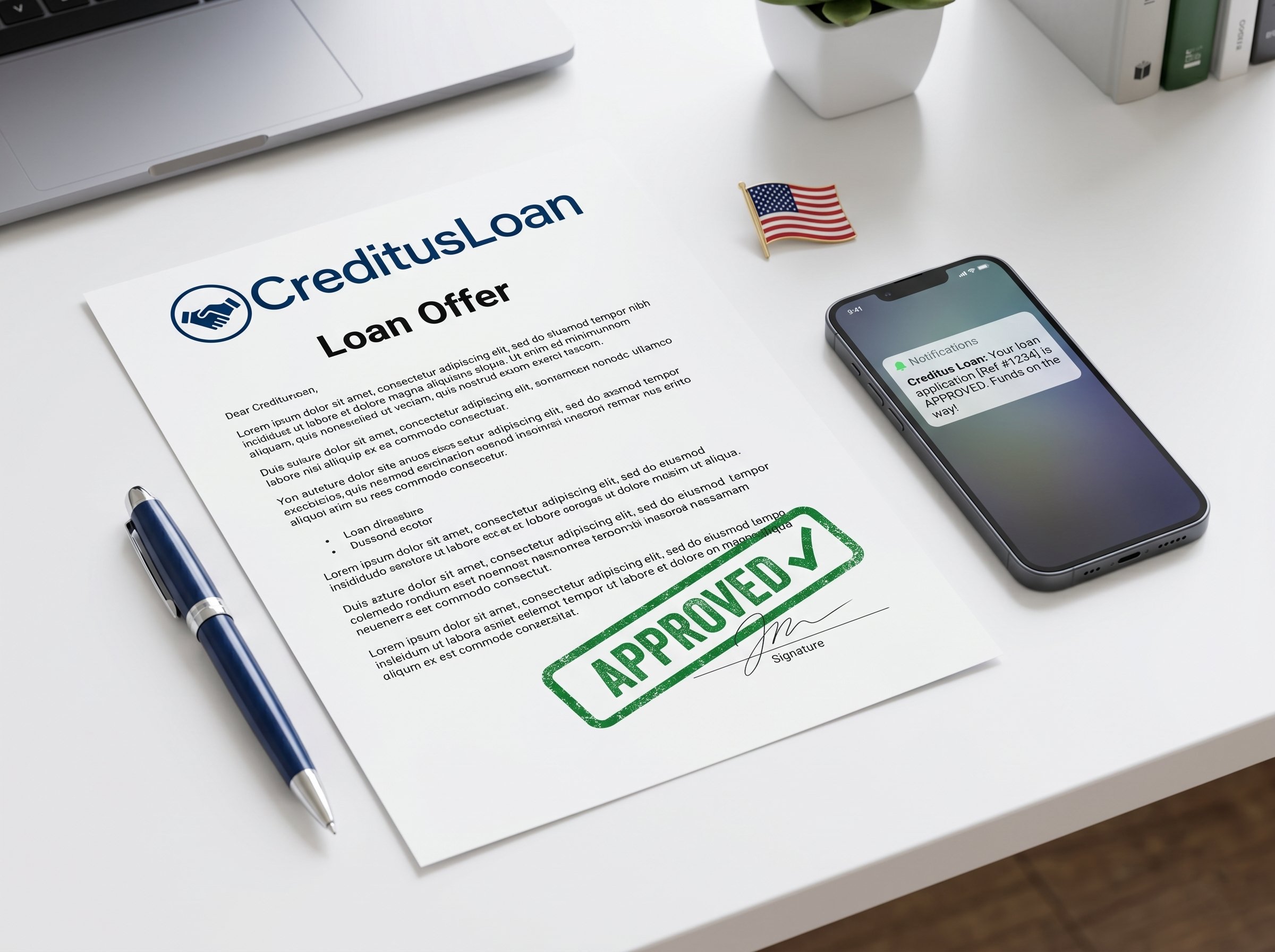 Loan offer documents with checkmark approval